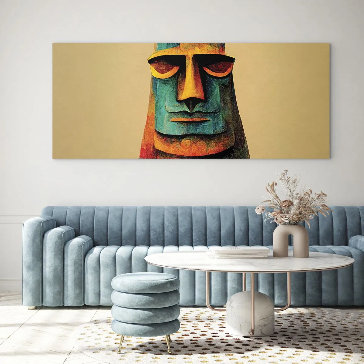 Obraz na szkle - Kolorowy posąg z Wyspy Wielkanocnej - 120x50cm - Posągowy, a sympatyczny - Nowoczesna dekoracja ścienna do salonu i sypialni ARTTOR