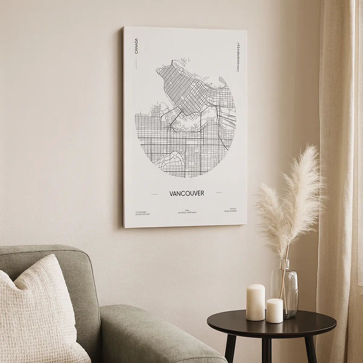 Obraz na płótnie - Minimalistyczna mapa Vancouver w czarnych liniach na białym tle - 50x70cm - Anatomia Vancouver - Nowoczesna dekoracja ścienna do salonu, kuchni i sypialni ARTTOR