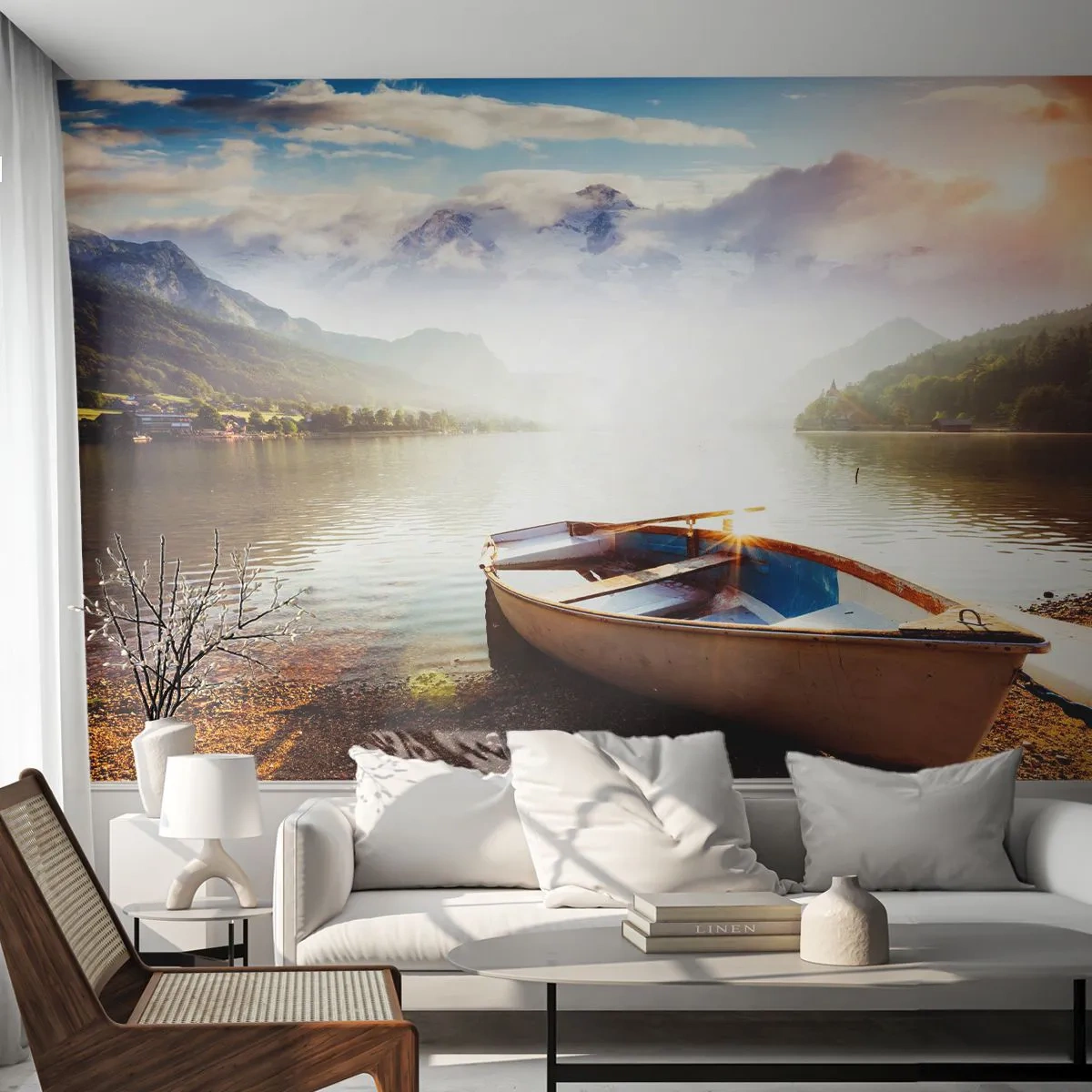 Fototapeta Premium Sand - Łódka nad jeziorem w otoczeniu gór przy zachodzie słońca - 100x70cm - Nad wodą wielką i czystą - Nowoczesna dekoracja ścienna do salonu, kuchni i sypialni ARTTOR