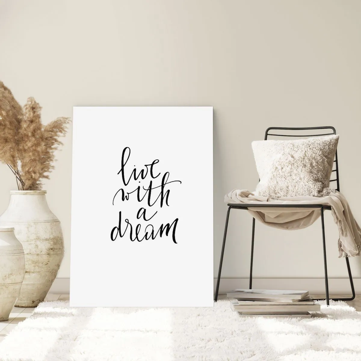 Plakat - Minimalistyczny napis Live with a Dream na białym tle - 50x70cm - Of course - Nowoczesna dekoracja ścienna do salonu, kuchni i sypialni ARTTOR