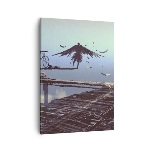 Obraz na płótnie - Postać z rozpostartymi skrzydłami na krawędzi pomostu - 50x70cm - Ikar wiecznie żywy - Nowoczesna dekoracja ścienna do salonu, kuchni i sypialni ARTTOR