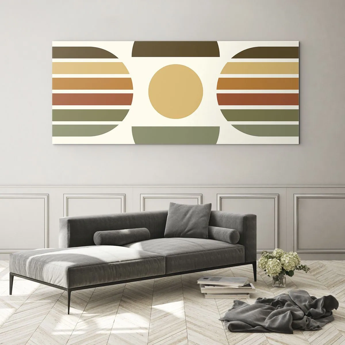 Obraz na szkle - Geometryczna kompozycja z półokręgami i paskami w odcieniach ziemi - 160x50cm - W kolorach ziemi - Nowoczesna dekoracja ścienna do salonu i sypialni ARTTOR