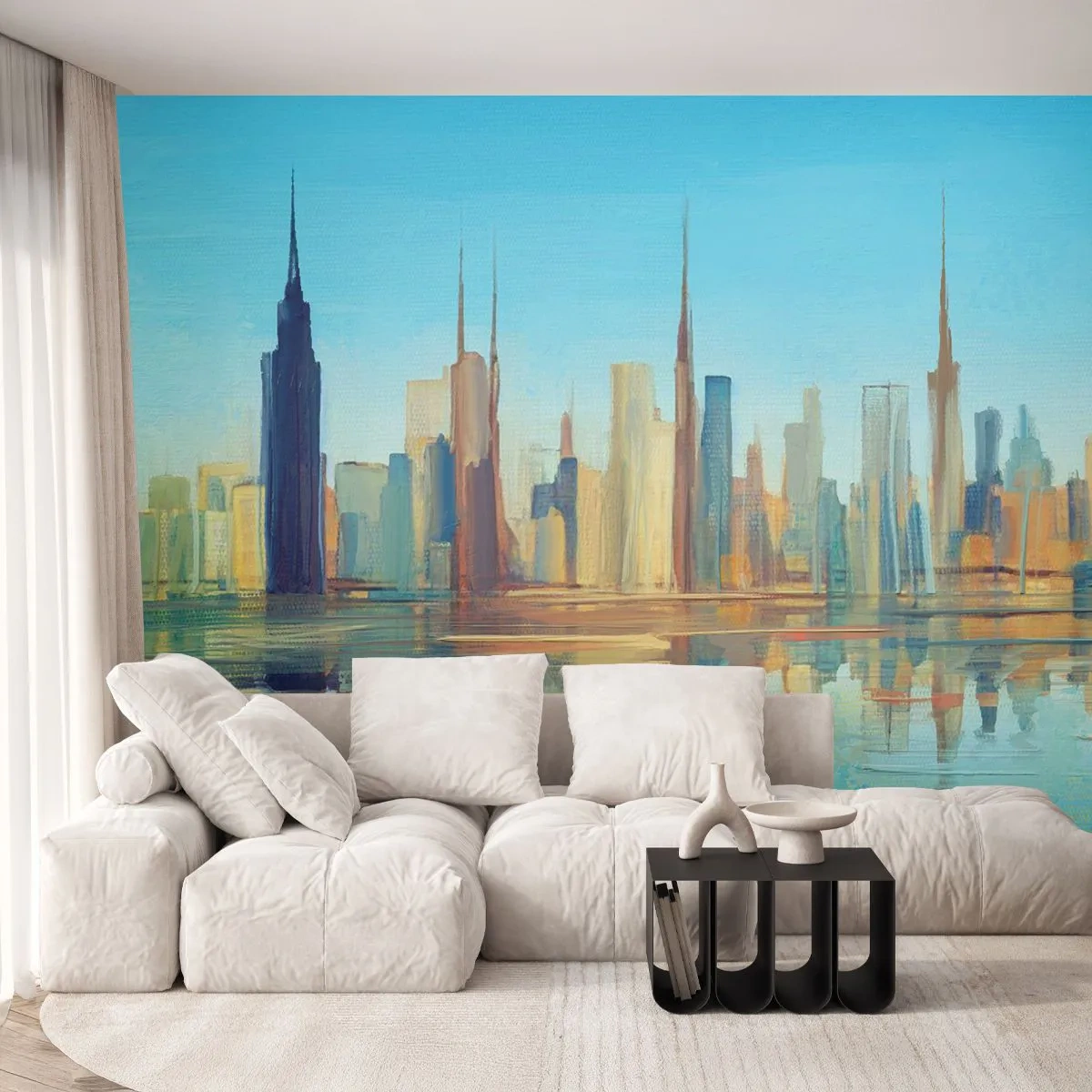 Fototapeta Premium Sand - Panorama metropolii odbijająca się w wodzie w ciepłych barwach - 100x70cm - Słoneczna metropolia - Nowoczesna dekoracja ścienna do salonu, kuchni i sypialni ARTTOR