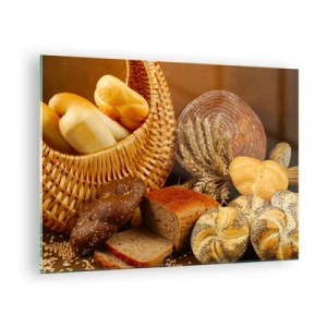 Obraz na szkle - Kosz z pieczywem i bochenki na tle kłosów zboża - 70x50cm - Znowu się nam upiekło - Nowoczesna dekoracja ścienna do salonu i sypialni ARTTOR