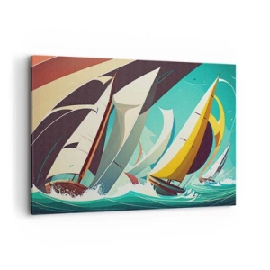 Obraz na płótnie - Dynamiczna ilustracja żaglówek na wzburzonym morzu - 100x70cm - Z żywiołami za pan brat - Nowoczesna dekoracja ścienna do salonu, kuchni i sypialni ARTTOR