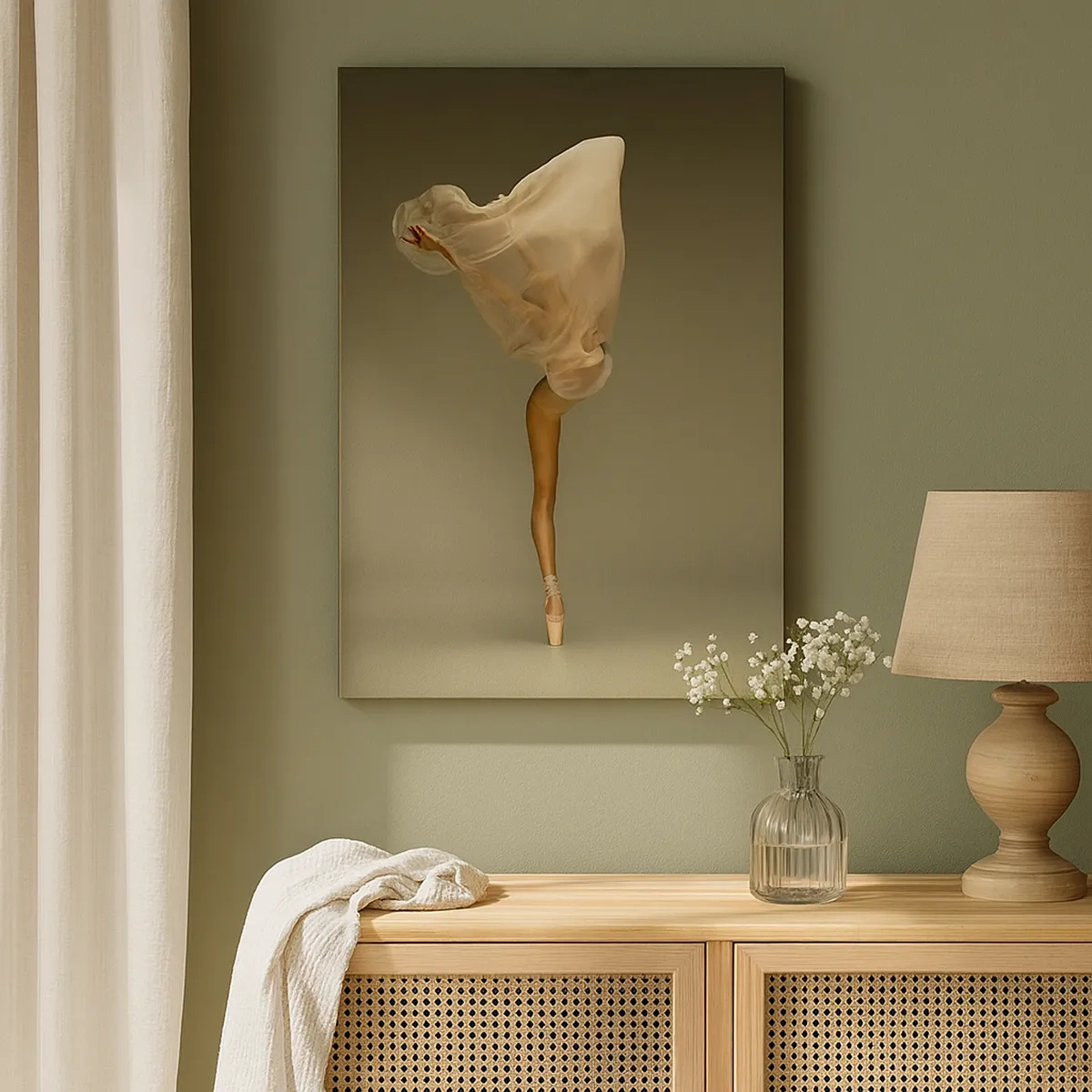 Obraz na płótnie - Baletnica w delikatnej pozie z powiewającą tkaniną - 50x70cm - Zaraz wzleci - Nowoczesna dekoracja ścienna do salonu, kuchni i sypialni ARTTOR