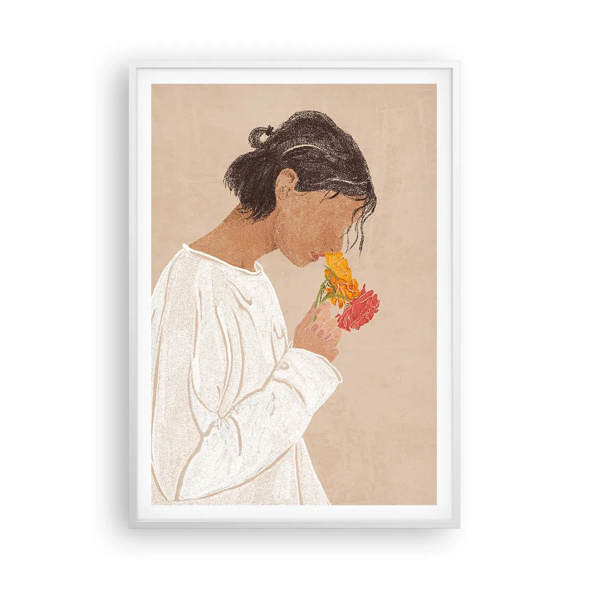 Plakat w białej ramie - Dziewczyna i kwiaty - 70x100 cm
