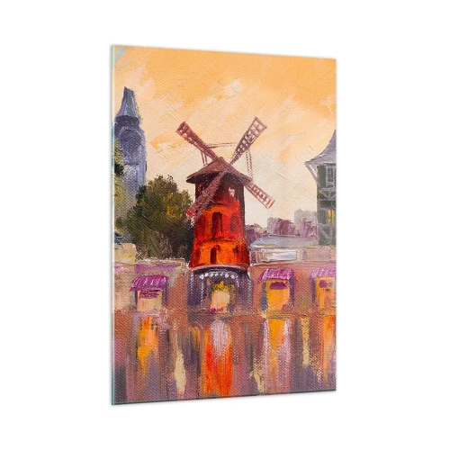 Obraz na szkle - Czerwony wiatrak Moulin Rouge wśród paryskich kamienic - 50x70cm - Paryskie ikony – Moulin Rouge - Nowoczesna dekoracja ścienna do salonu, kuchni i sypialni ARTTOR