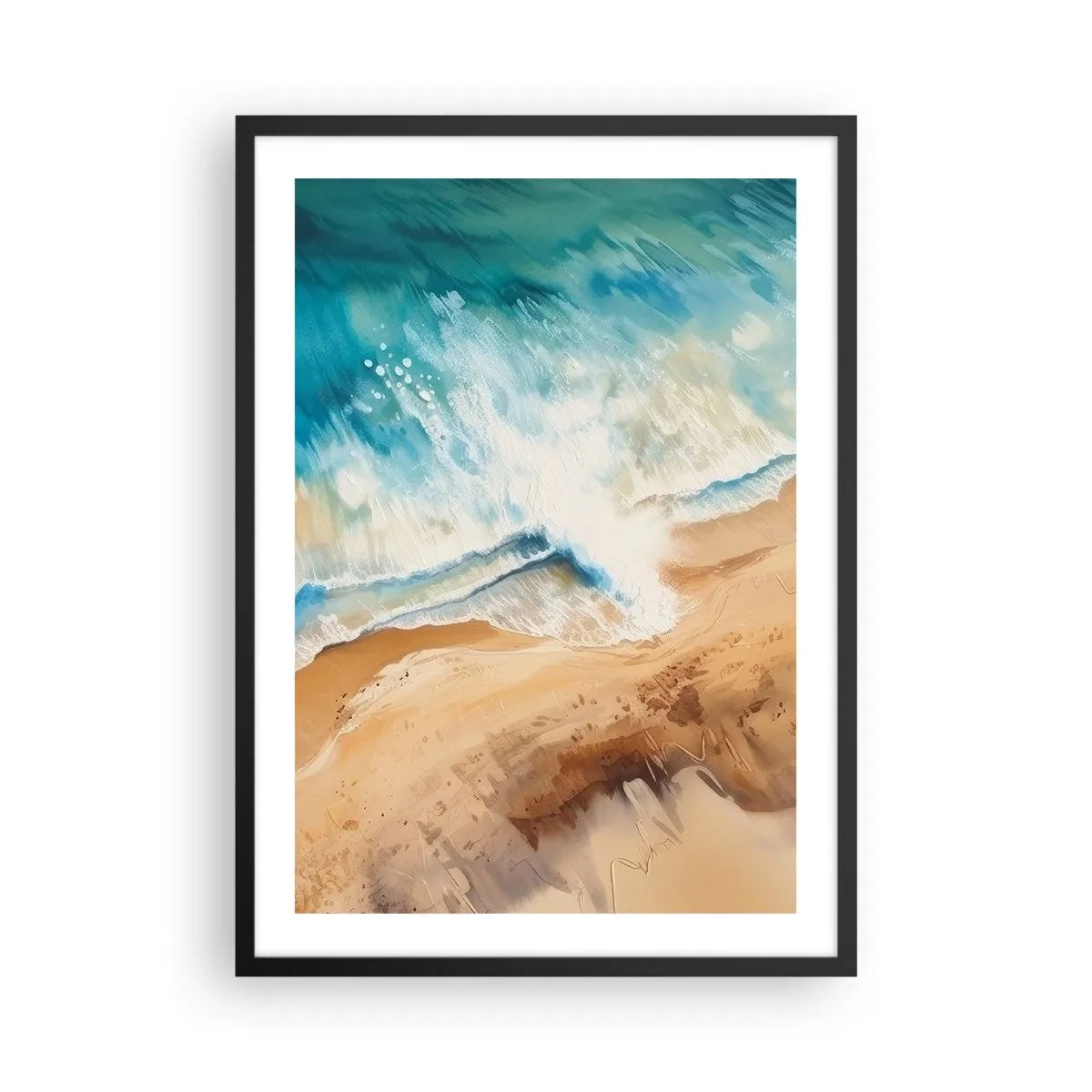 Plakat w czarnej ramie - Abstrakcyjna scena z falą uderzającą w brzeg w odcieniach turkusu i piasku - 50x70cm - Powracająca fala - Nowoczesna dekoracja ścienna do salonu i sypialni ARTTOR