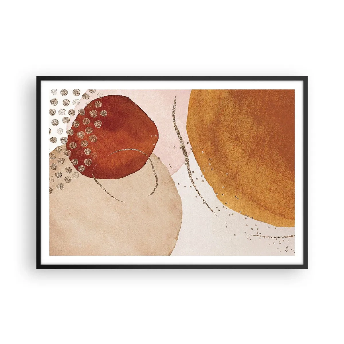 Plakat w czarnej ramie - Abstrakcyjne kształty w ciepłych odcieniach brązu i złota - 100x70cm - Krągłość i ruch - Nowoczesna dekoracja ścienna do salonu i sypialni ARTTOR
