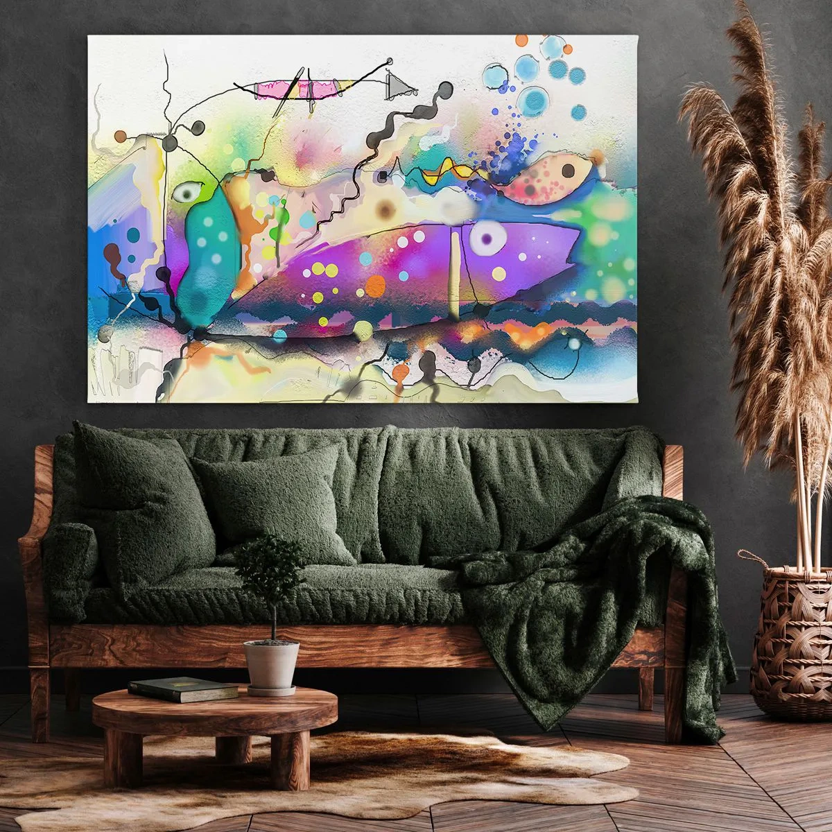 Obraz na płótnie - Abstrakcyjne ryby w kolorowej, surrealistycznej kompozycji - 120x80cm - Brak słów! - Nowoczesna dekoracja ścienna do salonu, kuchni i sypialni ARTTOR