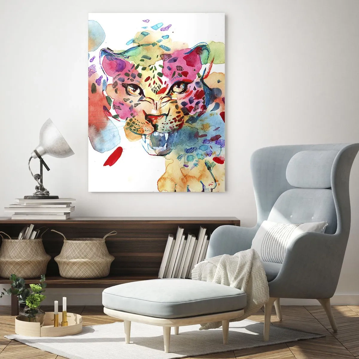 Obraz na szkle - Kolorowy portret lamparta w stylu akwarelowym - 50x70cm - Piękna i bestia - Nowoczesna dekoracja ścienna do salonu, kuchni i sypialni ARTTOR