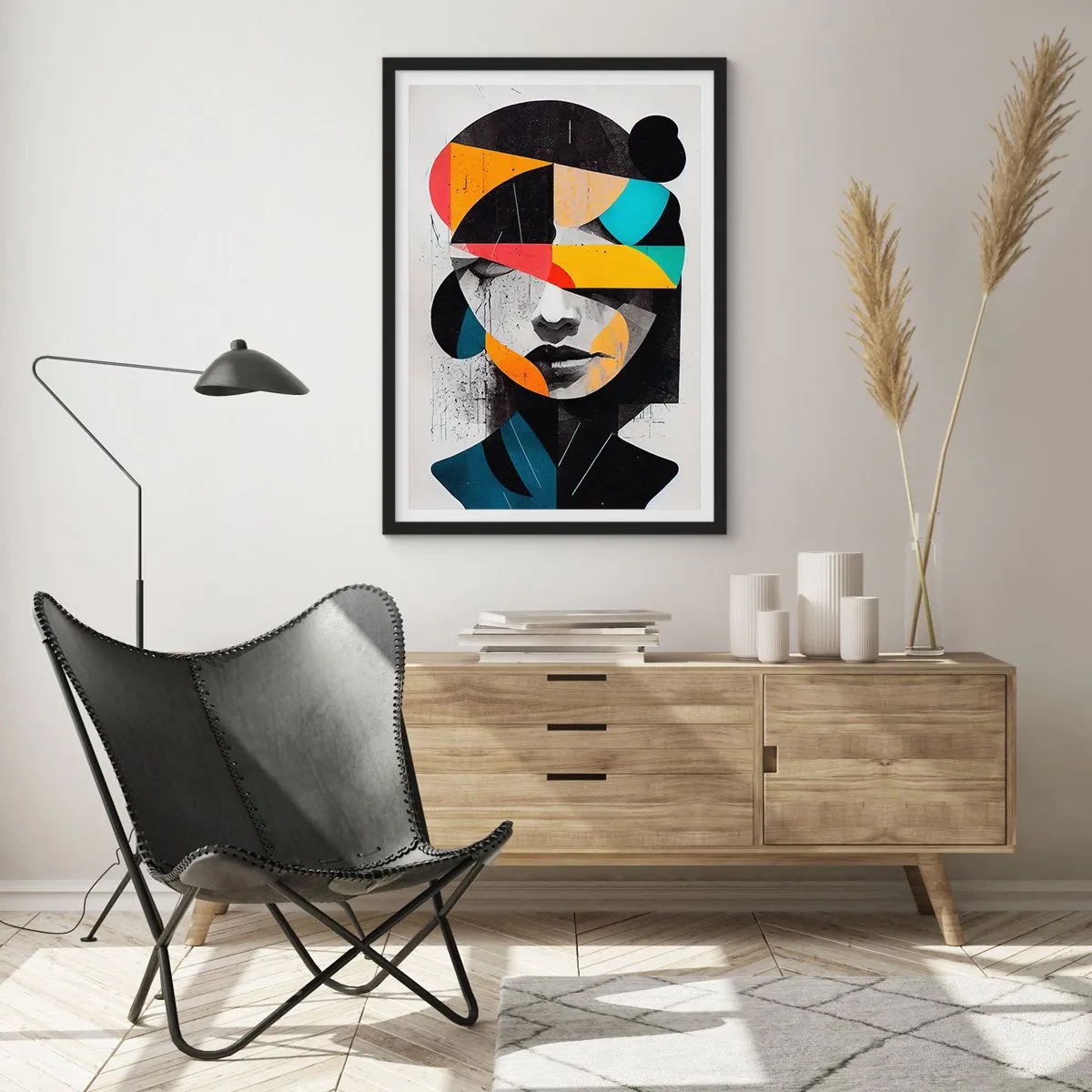 Plakat w czarnej ramie - Portret wewnętrzny wielobarwny, stylizowany abstrakcyjny portret kobiety - 50x70cm - Portret wewnętrzny wielobarwny - Nowoczesna dekoracja ścienna do salonu i sypialni ARTTOR