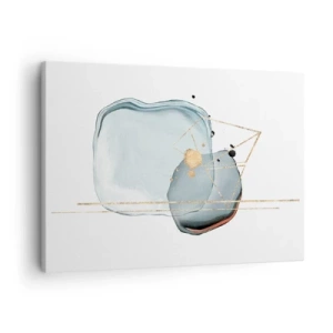 Obraz na płótnie - Abstrakcyjne formy w odcieniach błękitu i złota na białym tle - 70x50cm - Studium kropli - Nowoczesna dekoracja ścienna do salonu i sypialni ARTTOR