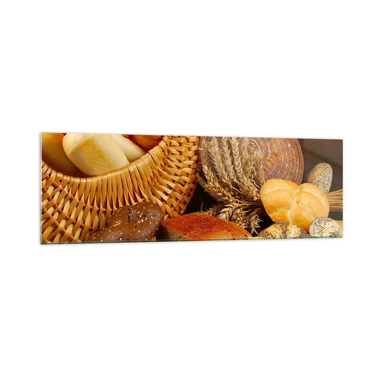Obraz na szkle - Różnorodne pieczywo w wiklinowym koszu na tle złotym - 160x50cm - Znowu się nam upiekło - Nowoczesna dekoracja ścienna do salonu i sypialni ARTTOR