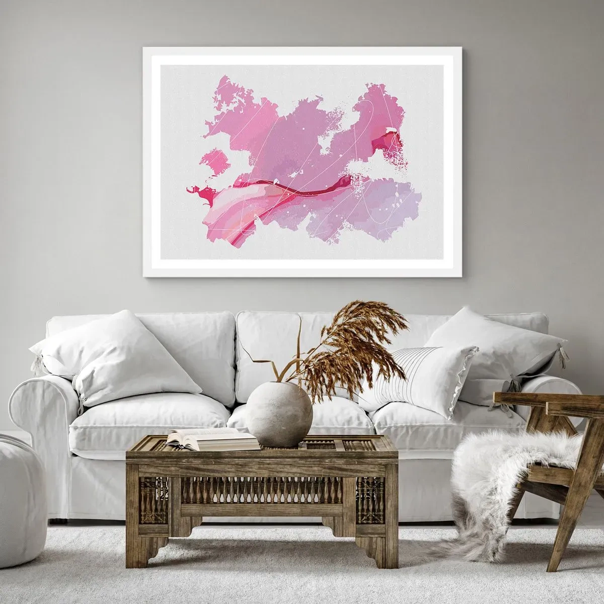 Plakat w białej ramie - Mapa różowego świata - 100x70 cm