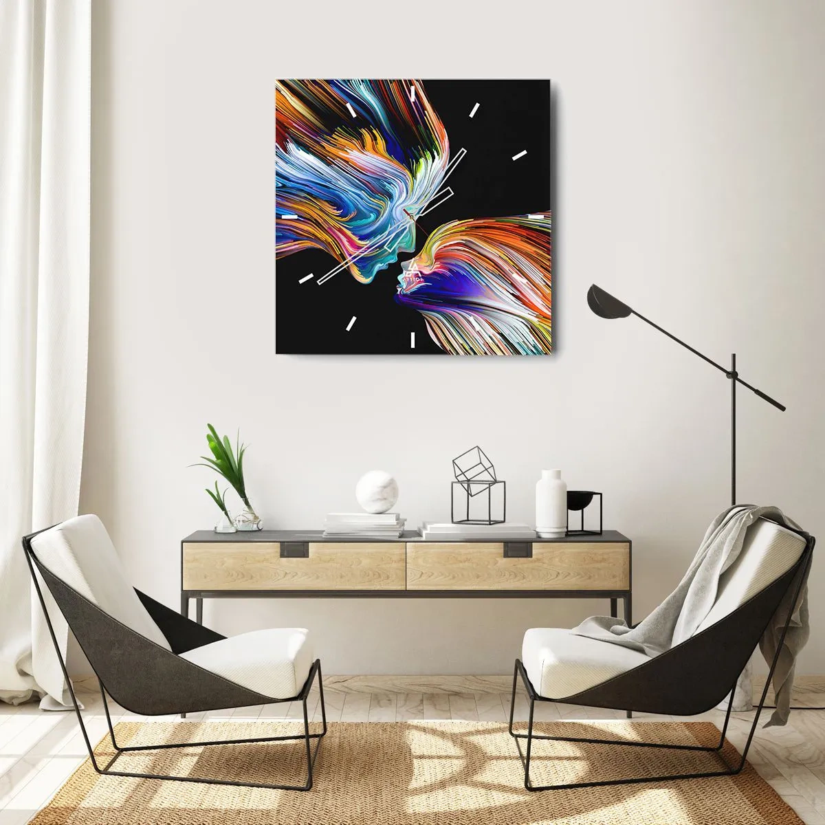 Zegar ścienny - Kolorowe sylwetki twarzy w dynamicznych strugach na czarnym tle - 30x30cm - Fuzja energii i światła - Nowoczesna dekoracja ścienna do salonu i sypialni ARTTOR