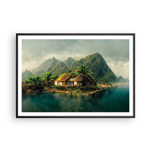 Plakat w czarnej ramie - Tropikalna wyspa z palmami i górami w tle - 100x70cm - Tropikalny raj - Nowoczesna dekoracja ścienna do salonu i sypialni ARTTOR