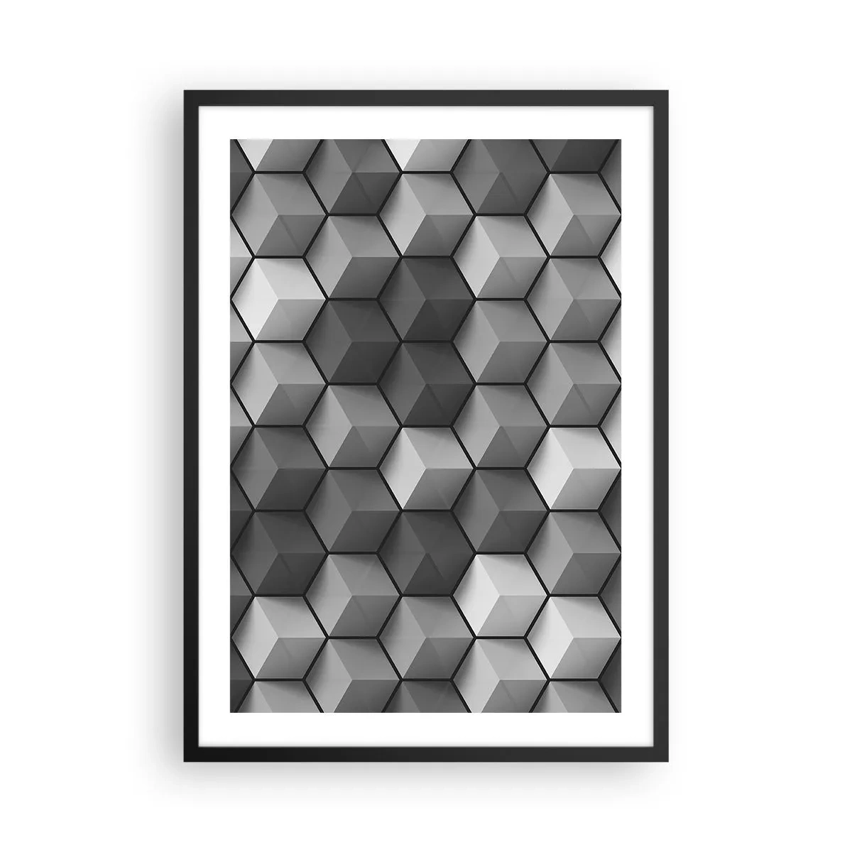 Plakat w czarnej ramie - Czarno-biała kompozycja geometrycznych sześcianów 3D - 50x70cm - Kubistyczna układanka - Nowoczesna dekoracja ścienna do salonu i sypialni ARTTOR