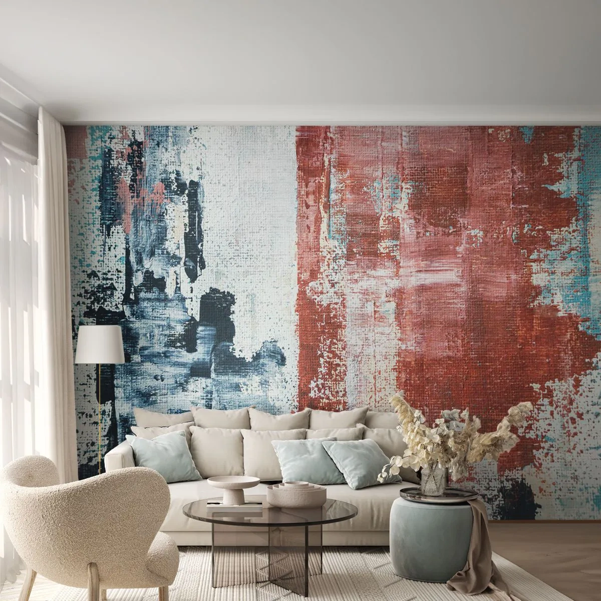 Fototapeta Premium Canvas - Abstrakcja w biało-niebieskich i ceglanych barwach - 100x70cm - Abstrakcyjne pół na pół - Nowoczesna dekoracja ścienna do salonu i sypialni ARTTOR