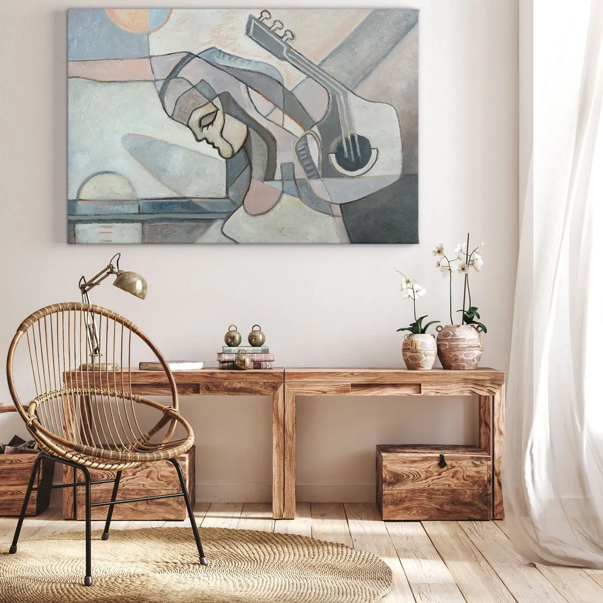 Obraz na płótnie - Abstrakcyjna postać z gitarą w pastelowej kolorystyce - 70x50cm - We władzy muzyki - Nowoczesna dekoracja ścienna do salonu i sypialni ARTTOR