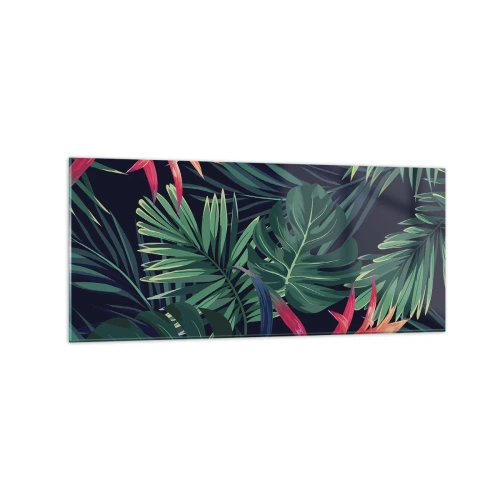 Obraz na szkle - Tropikalne liście i kwiaty na ciemnym tle - 120x50cm - Zapłonąć w zieleni - Nowoczesna dekoracja ścienna do salonu i sypialni ARTTOR
