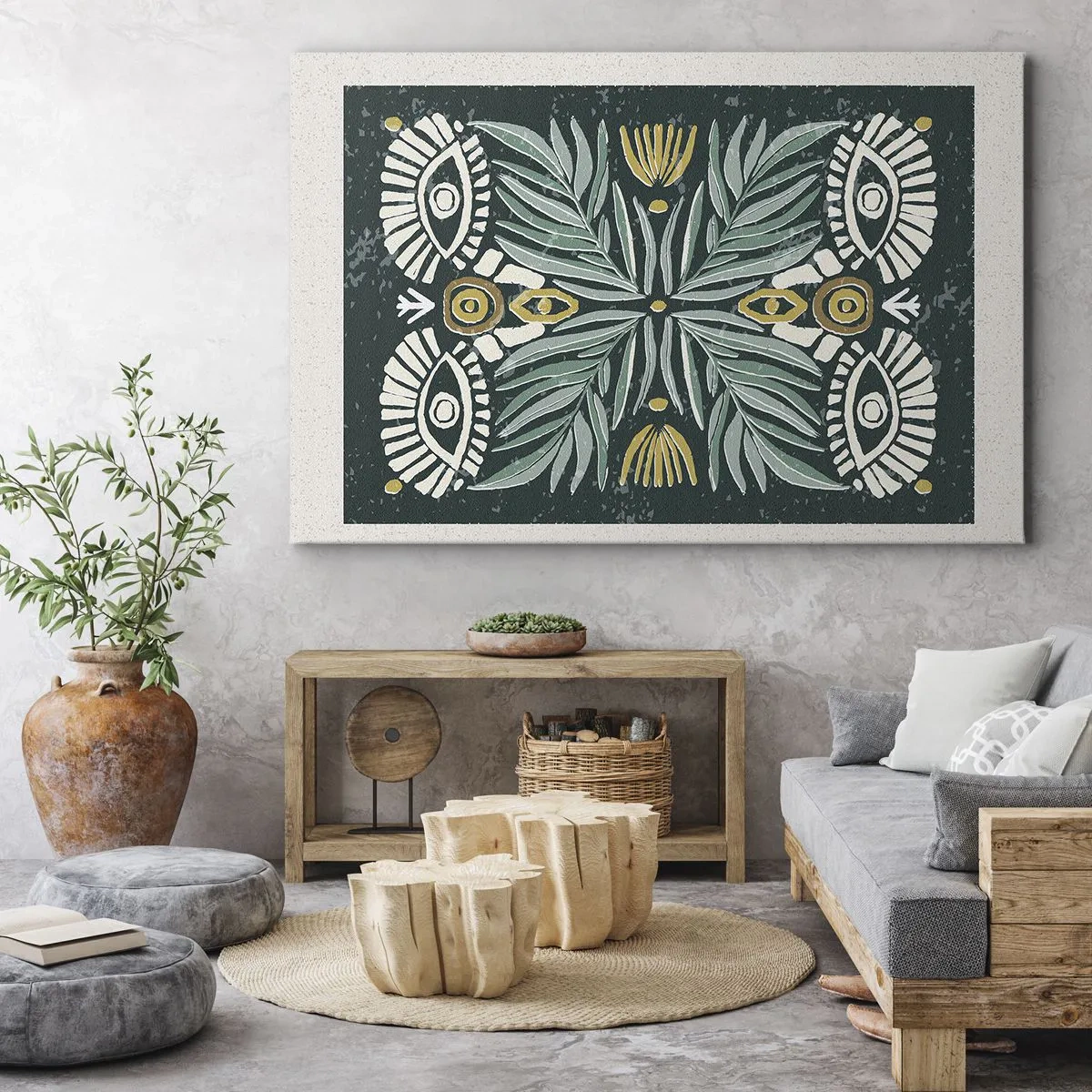Obraz na płótnie - Symetryczny wzór roślinny na zielonym tle - 70x50cm - Jak ludowa wycinanka - Nowoczesna dekoracja ścienna do salonu i sypialni ARTTOR
