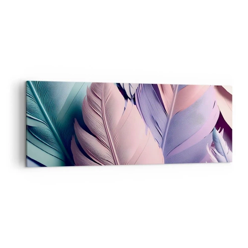 Obraz na płótnie - Kolorowe pióra w pastelowych odcieniach na jasnym tle - 140x50cm - Ptasi szyk - Nowoczesna dekoracja ścienna do salonu i sypialni ARTTOR