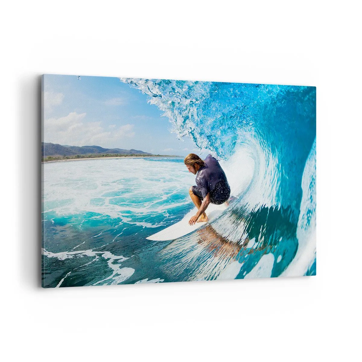 Obraz na płótnie - Surfer w dynamicznej pozie na fali w turkusowej wodzie - 100x70cm - Tańczący z falami - Nowoczesna dekoracja ścienna do salonu, kuchni i sypialni ARTTOR