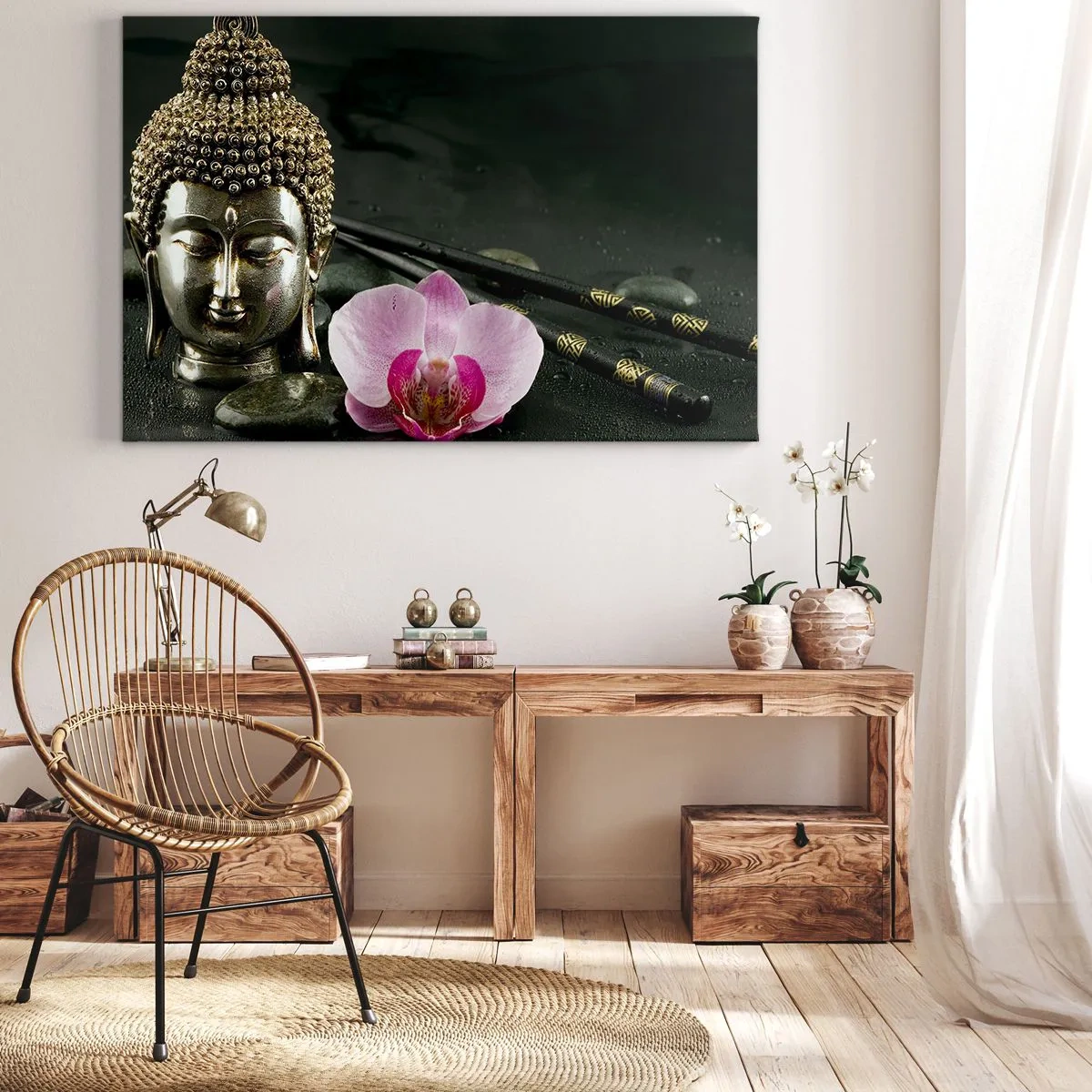 Obraz na płótnie - Posążek Buddy z orchideą i pałeczkami na tle kamieni - 120x80cm - Harmonia mądrości i piękna - Nowoczesna dekoracja ścienna do salonu, kuchni i sypialni ARTTOR