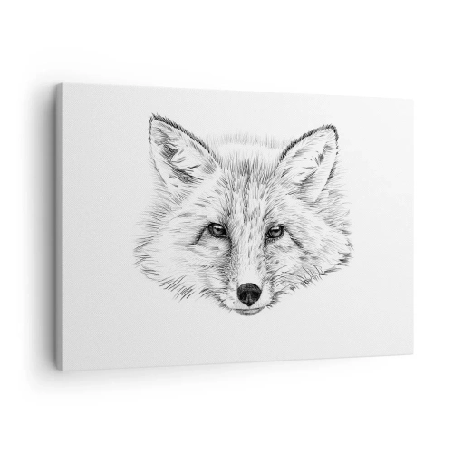 Obraz na płótnie - Czarno-biały rysunek głowy lisa na białym tle - 70x50cm - Czy te oczy mogą kłamać? - Nowoczesna dekoracja ścienna do salonu i sypialni ARTTOR