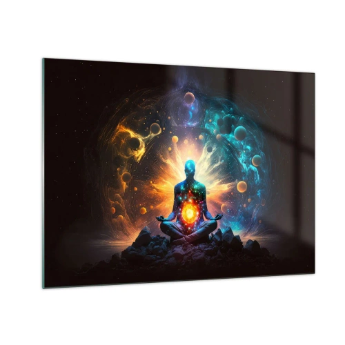 Obraz na szkle - Medytująca sylwetka w kosmicznej eksplozji kolorów - 70x50cm - Kosmiczny spokój - Nowoczesna dekoracja ścienna do salonu i sypialni ARTTOR