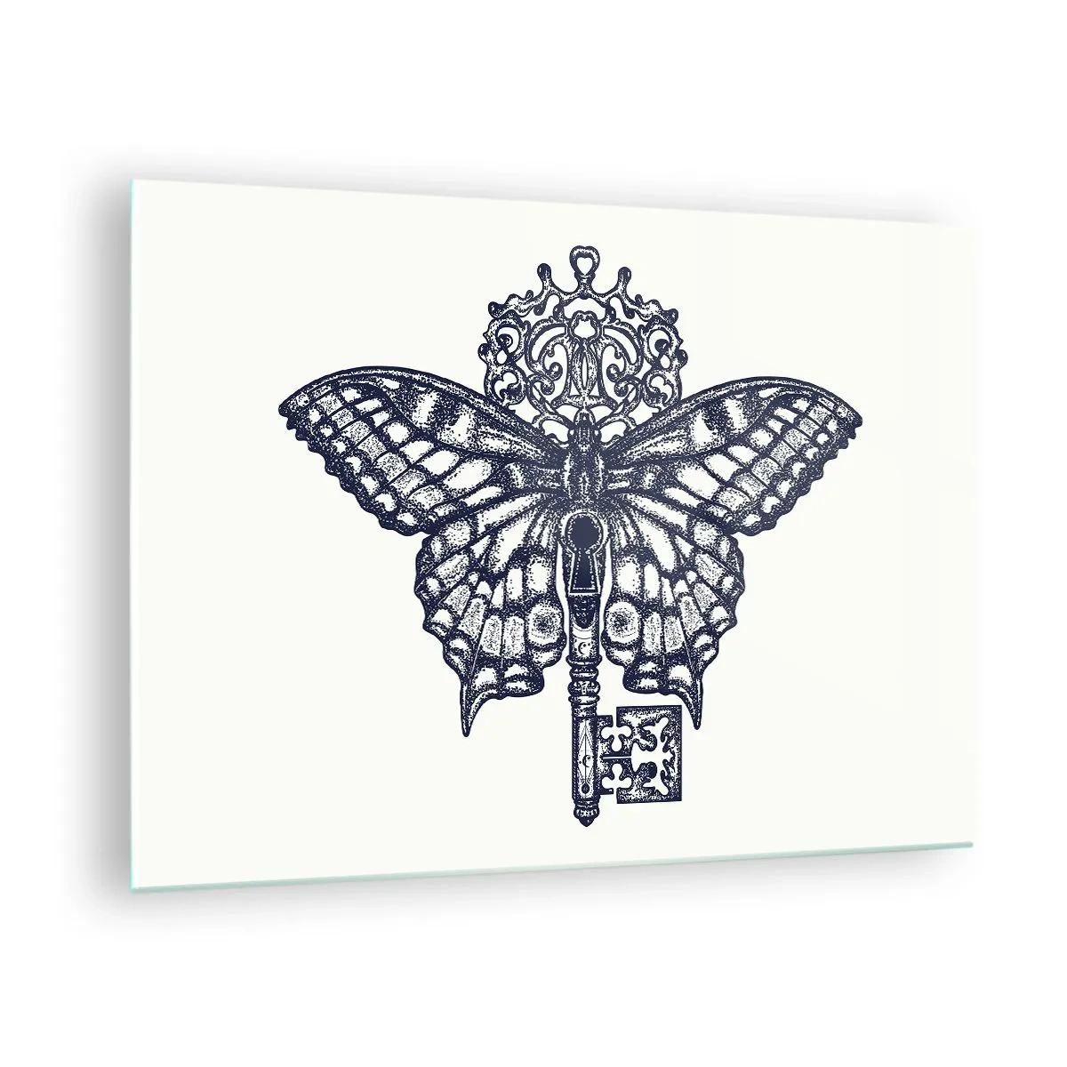 Obraz na szkle - Ilustracja przedstawiająca motyla z kluczem w centrum - 70x50cm - Wszystkie tajemnice serca - Nowoczesna dekoracja ścienna do salonu i sypialni ARTTOR