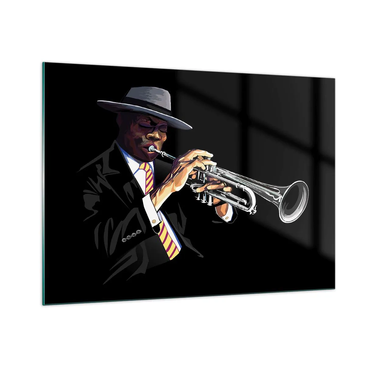 Obraz na szkle - Czarnoskóry muzyk z trąbką w kapeluszu na czarnym tle - 100x70cm - Czar starej szkoły - Nowoczesna dekoracja ścienna do salonu, kuchni i sypialni ARTTOR