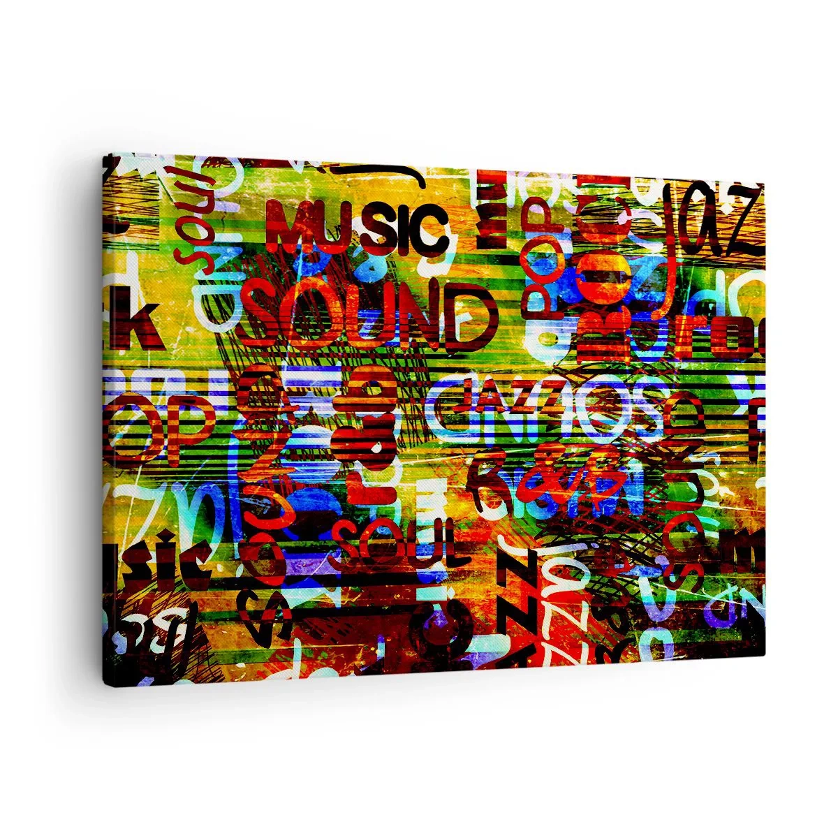 Obraz na płótnie - Kolorowa abstrakcja z napisami muzycznymi w stylu pop-art - 70x50cm - Wszystkie barwy dźwięku - Nowoczesna dekoracja ścienna do salonu i sypialni ARTTOR