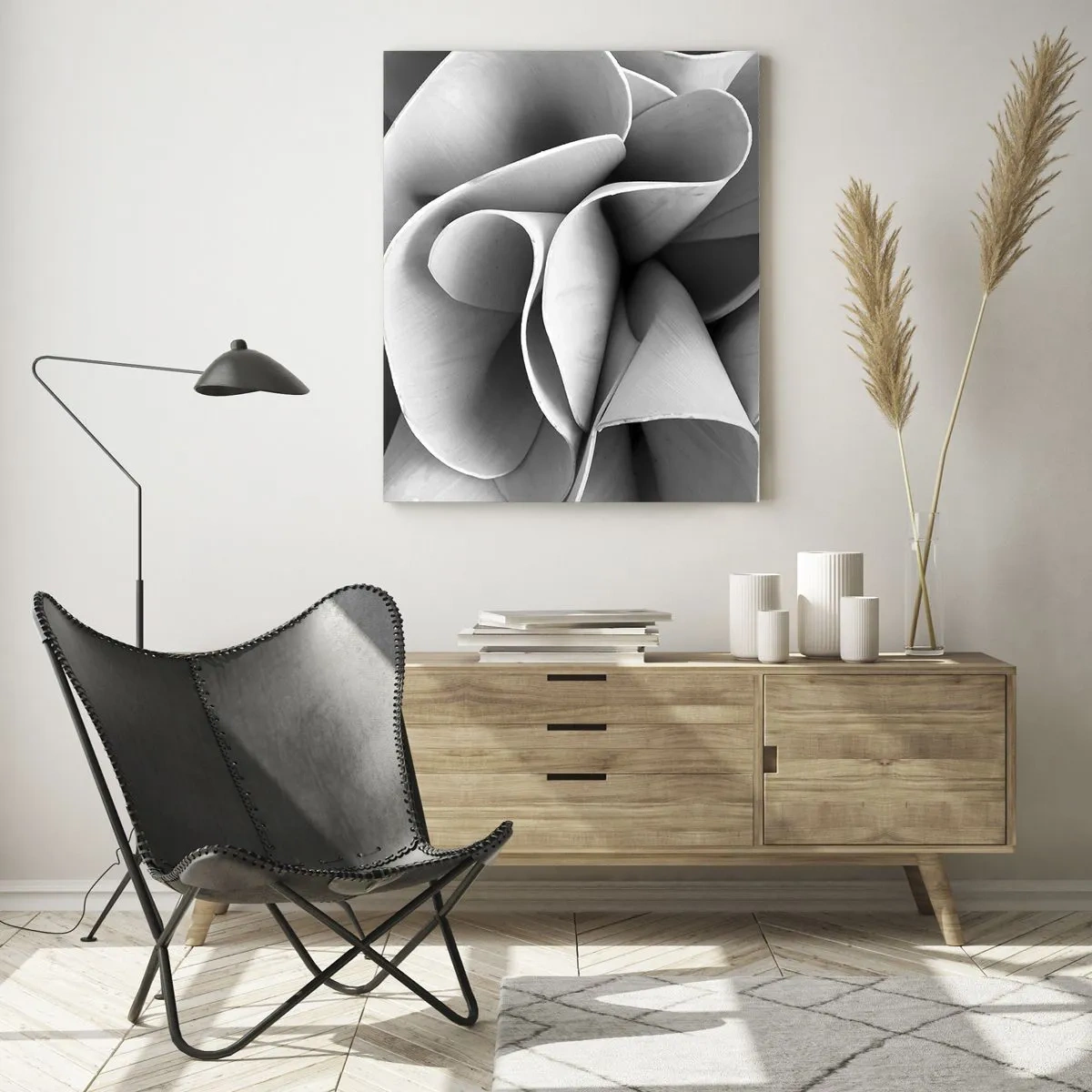 Obraz na szkle - Czarno-białe zbliżenie na abstrakcyjne, spiralne formy - 50x70cm - Dzieje się w przestrzeni - Nowoczesna dekoracja ścienna do salonu, kuchni i sypialni ARTTOR