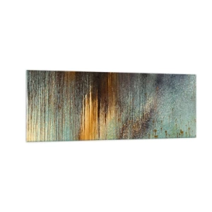 Obraz na szkle - Abstrakcyjna kompozycja barw w odcieniach złota, brązu i błękitu - 140x50cm - Nieprzypadkowa barwna kompozycja - Nowoczesna dekoracja ścienna do salonu i sypialni ARTTOR
