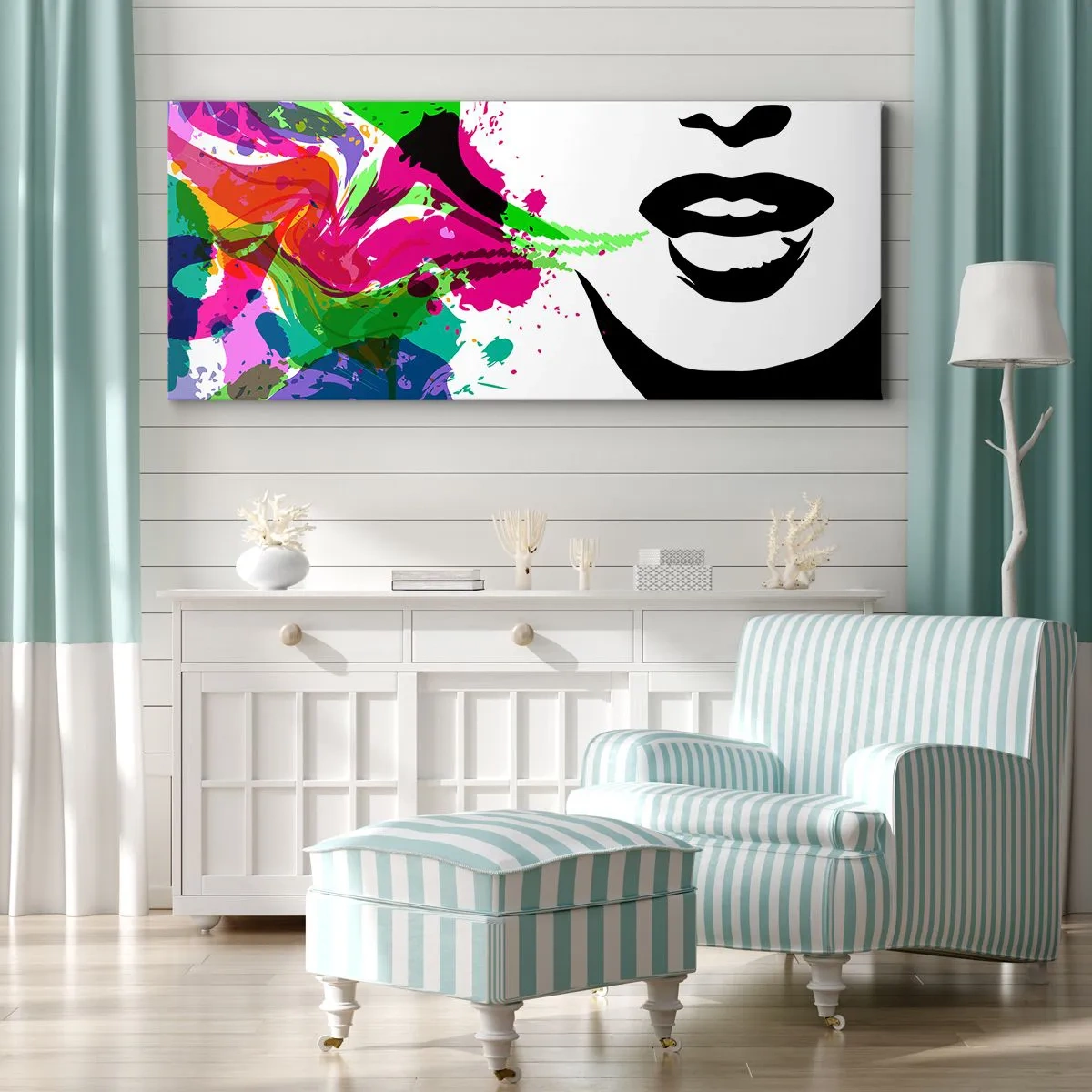 Obraz na płótnie - Kolorowy abstrakcyjny portret z dynamicznymi kształtami - 140x50cm - Opowieść w kolorach tęczy - Nowoczesna dekoracja ścienna do salonu i sypialni ARTTOR