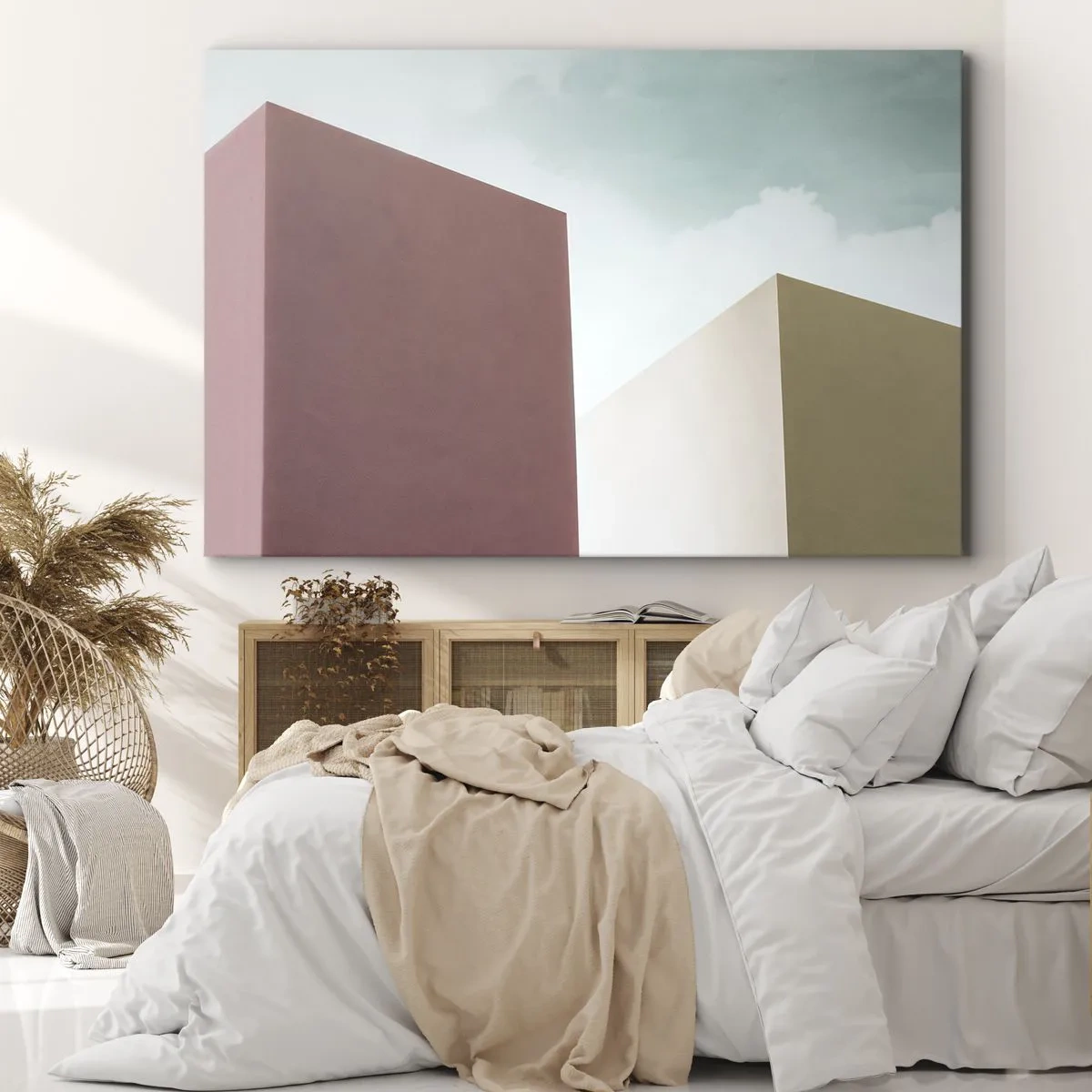 Obraz na płótnie - Minimalistyczna architektura z pastelowymi blokami i niebem - 120x80cm - Geometria słonecznego lata - Nowoczesna dekoracja ścienna do salonu, kuchni i sypialni ARTTOR