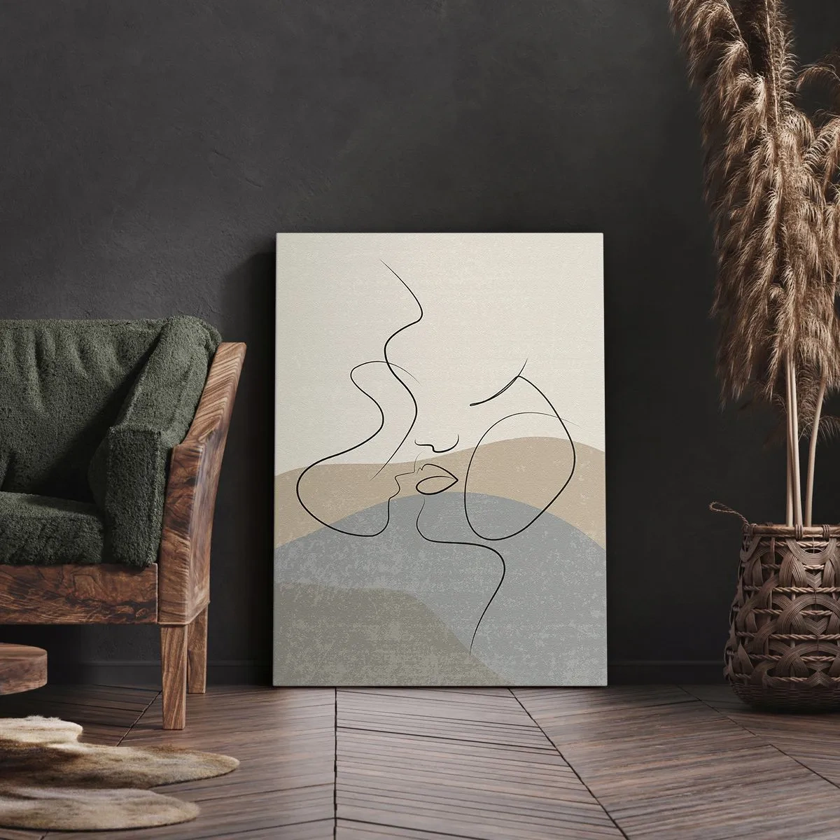 Obraz na płótnie - Minimalistyczna abstrakcja przedstawiająca twarz narysowaną jedną linią - 50x70cm - Jak muśnięcie pędzlem - Nowoczesna dekoracja ścienna do salonu, kuchni i sypialni ARTTOR