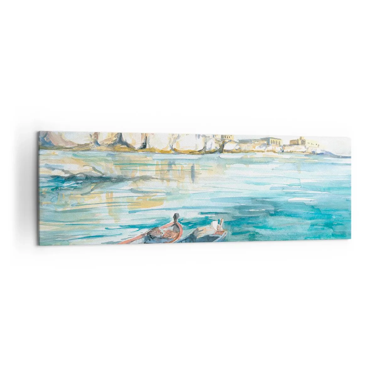 Obraz na płótnie - Malowniczy krajobraz nadmorski z łodziami na wodzie - 160x50cm - Pejzaż w lazurze - Nowoczesna dekoracja ścienna do salonu i sypialni ARTTOR