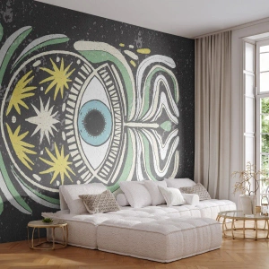 Fototapeta Premium Sand - Symboliczne oko w stylu plemiennym na ciemnym tle - 100x70cm - Plemienne rytuały - Nowoczesna dekoracja ścienna do salonu, kuchni i sypialni ARTTOR