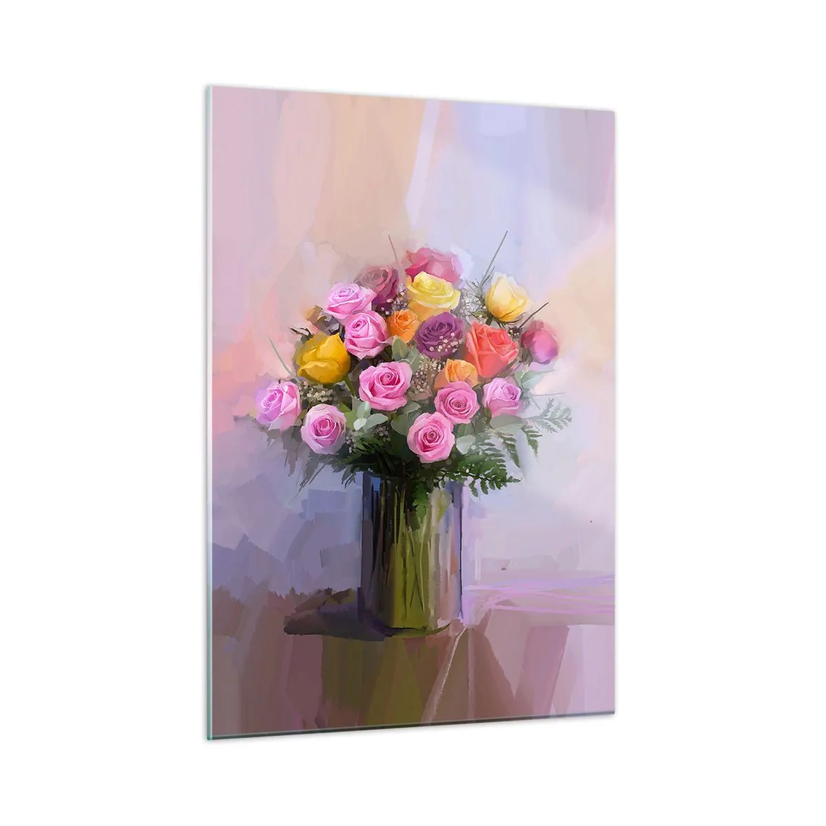 Obraz na szkle - Bukiet róż w szklanym wazonie na pastelowym tle - 50x70cm - Zatrzymane piękno - Nowoczesna dekoracja ścienna do salonu, kuchni i sypialni ARTTOR