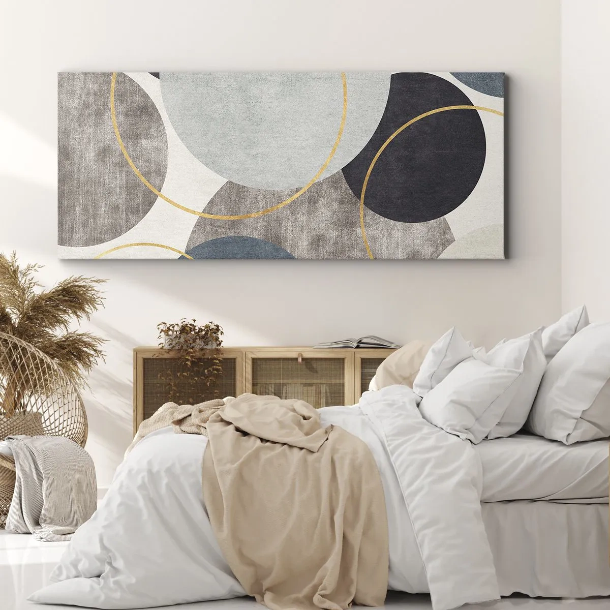 Obraz na płótnie - Geometryczne okręgi w odcieniach szarości, błękitu i złota - 120x50cm - Koło za kołem - Nowoczesna dekoracja ścienna do salonu i sypialni ARTTOR