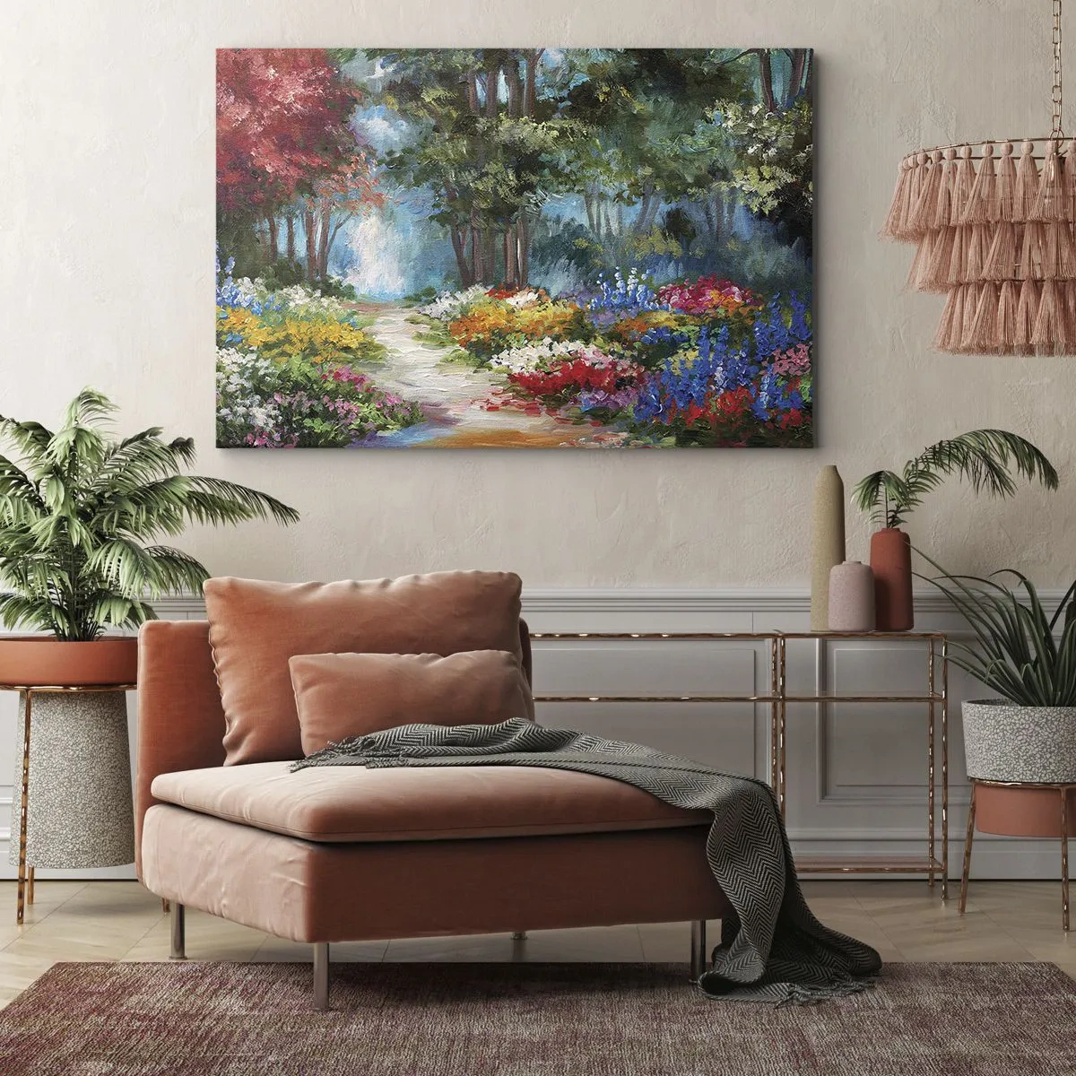 Obraz na płótnie - Malowniczy ogród pełen kolorowych kwiatów i drzew w leśnej scenerii - 70x50cm - Leśny ogród, kwietny las - Nowoczesna dekoracja ścienna do salonu i sypialni ARTTOR