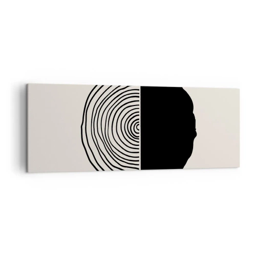 Obraz na płótnie - Abstrakcyjny czarno-biały motyw inspirowany przekrojem drewna z geometrycznym podziałem - 140x50cm - Pół na pół - Nowoczesna dekoracja ścienna do salonu i sypialni ARTTOR