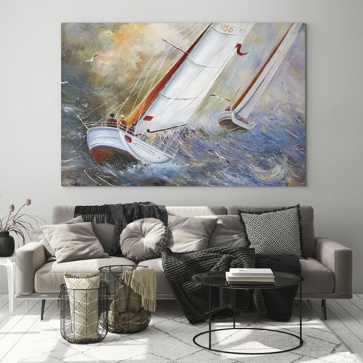 Obraz na szkle - Żaglówki na wzburzonym morzu podczas regat - 70x50cm - Biegnące po falach - Nowoczesna dekoracja ścienna do salonu i sypialni ARTTOR