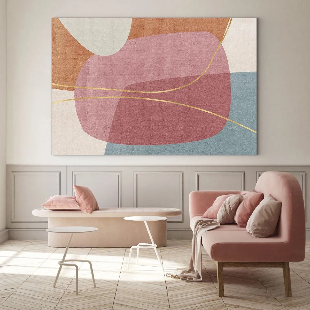 Obraz na szkle - Pastelowe kształty z przecinającymi złotymi liniami - 70x50cm - Pastelowa kompozycja z nicią złota - Nowoczesna dekoracja ścienna do salonu i sypialni ARTTOR