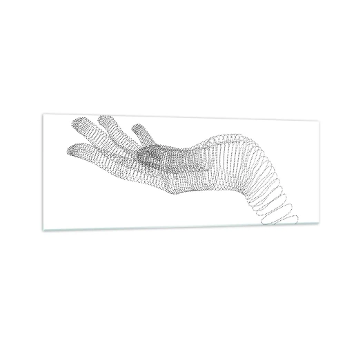 Obraz na szkle - Minimalistyczna ilustracja dłoni stworzona z czarnych kropek na białym tle - 140x50cm - Sprężysta dłoń - Nowoczesna dekoracja ścienna do salonu i sypialni ARTTOR