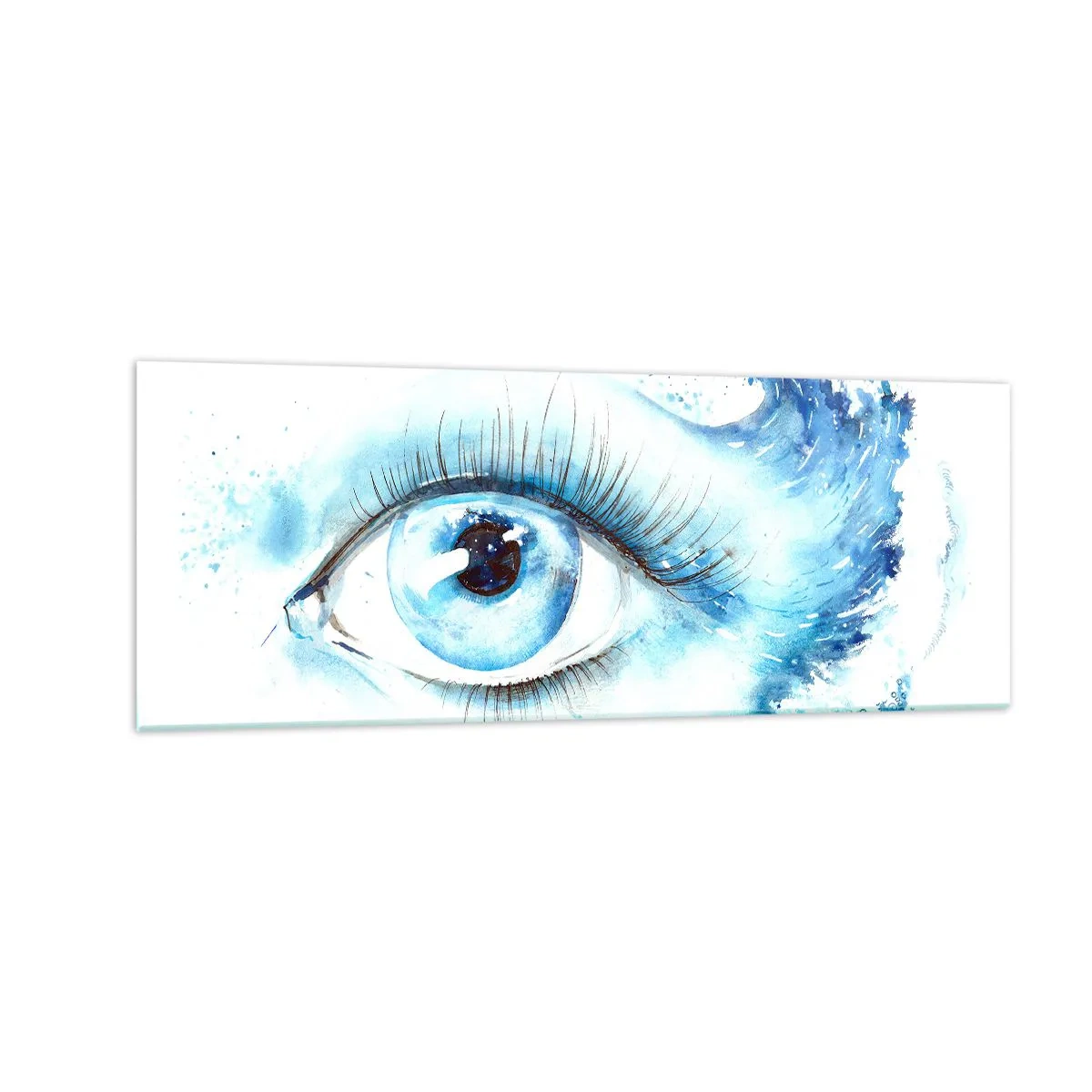 Obraz na szkle - Artystyczna akwarela oka z dynamiczną falą - 140x50cm - Zanurzyć się w błękicie spojrzenia - Nowoczesna dekoracja ścienna do salonu i sypialni ARTTOR